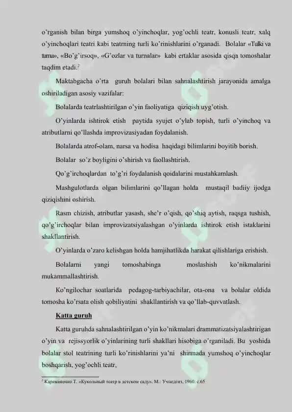 Maktabgacha ta’lim tashkiloti  turli yosh guruhlarida sahnalashtirish faoliyatining asosiy vazifalari 4