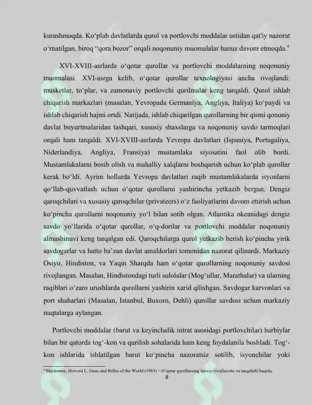 O‘qotar qurolning, o‘q-dorilarning, o‘qotar qurol asosiy qismlarining, portlovchi moddalarning, portlatish vositalarining yoki portlatish qurilmalarining qonunga xilof muomalasi 7