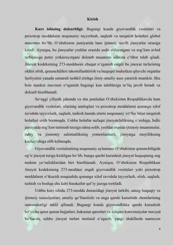 O‘qotar qurolning, o‘q-dorilarning, o‘qotar qurol asosiy qismlarining, portlovchi moddalarning, portlatish vositalarining yoki portlatish qurilmalarining qonunga xilof muomalasi 4