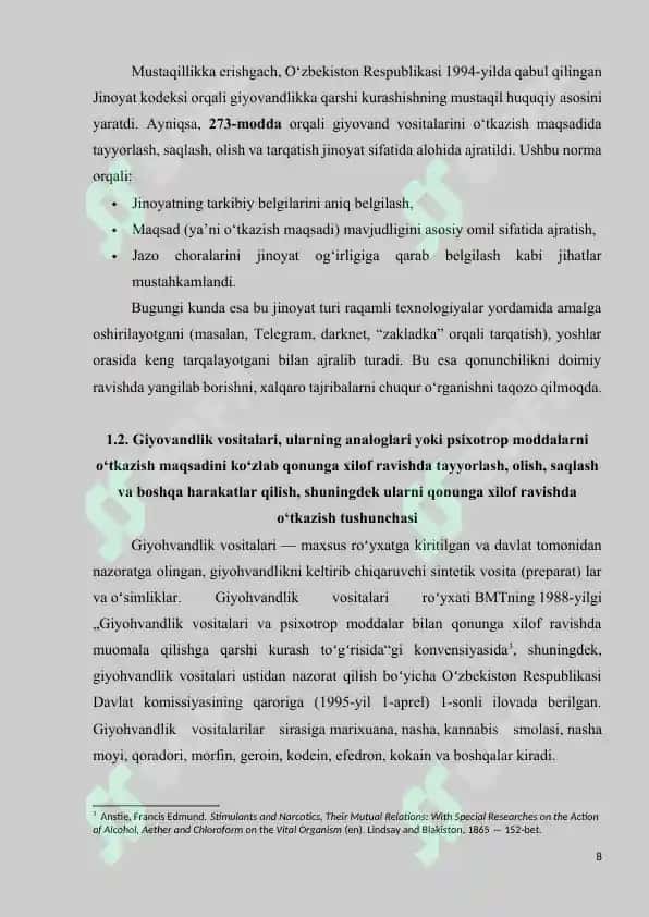 O‘qotar qurolning, o‘q-dorilarning, o‘qotar qurol asosiy qismlarining, portlovchi moddalarning, portlatish vositalarining yoki portlatish qurilmalarining qonunga xilof muomalasi 8