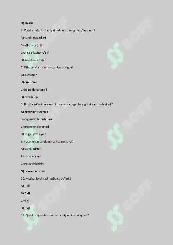 8-sinf • Odam va uning salomatligi fani • Mavzu: Toʻqimalar, organlar va organlar sistemasi  • Test 2