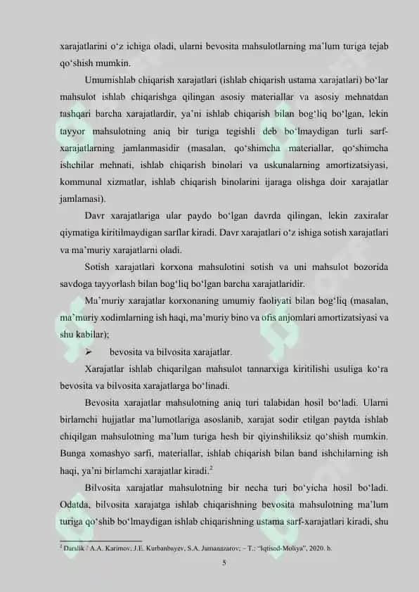 Xarajatlar tushunchasi, tarkibi va ularning hisobini yuritish 5