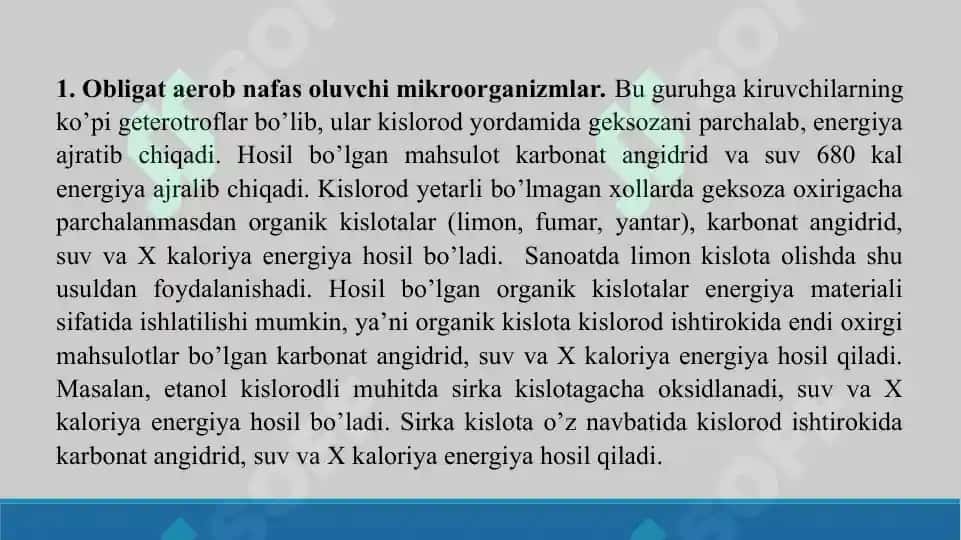 Katabolik metabolizm. Mikrob hujayrasi tomonidan energiya olish. Taqdimot 19 bet. 6