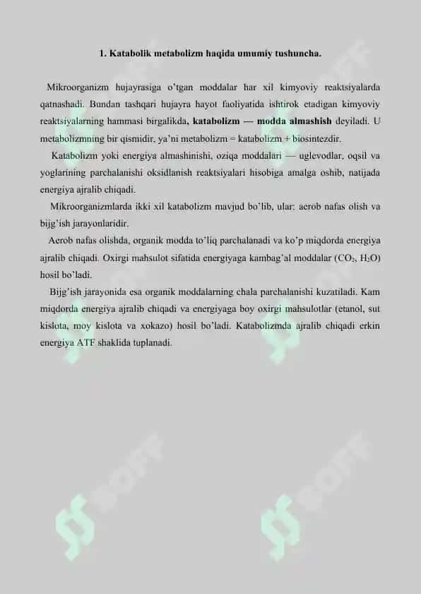 Katabolik metabolizm. Mikrob hujayrasi tomonidan energiya olish. Referat 10 bet. 3