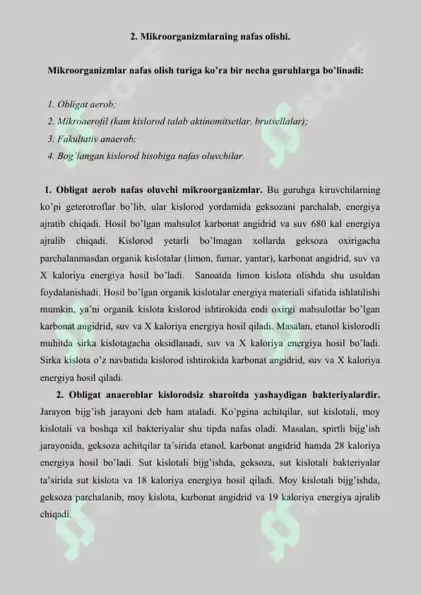 Katabolik metabolizm. Mikrob hujayrasi tomonidan energiya olish. Referat 10 bet. 4