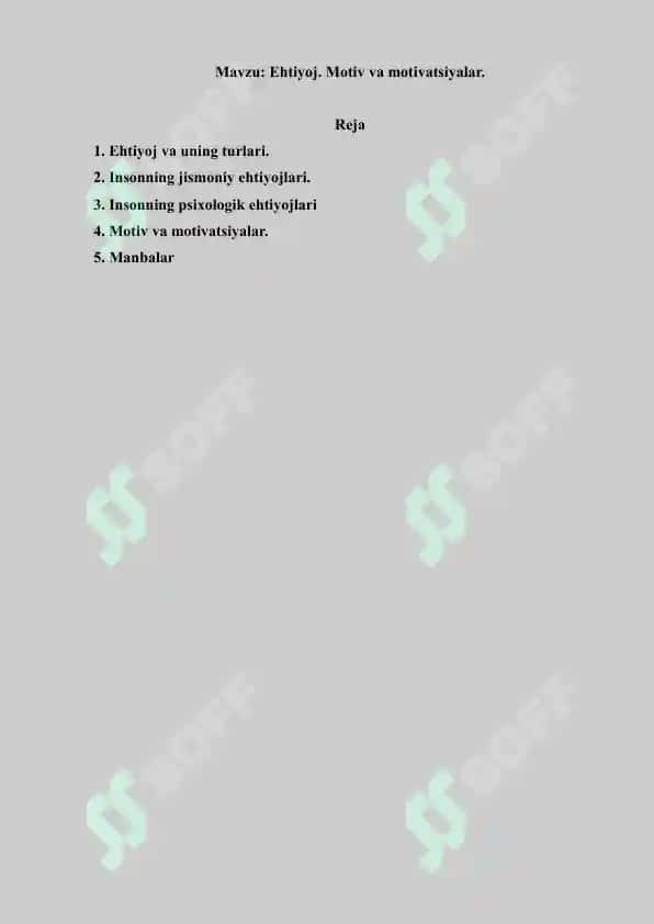 Ehtiyoj. Motiv va motivatsiyalar. Referat 7 bet. 2