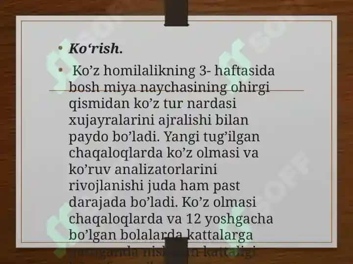 Bolalarda hisyotlarni rivojlanishi ko’rish, eshitish, ta’m  bilish, hid  bilish, terii sezgirligi, vestibulyar apparat 2
