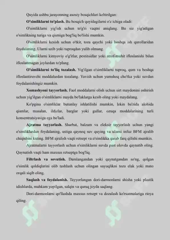 Yangi yig‘ilgan (quritilmagan) o‘simliklardan dori tayyorlash texnologiyasi (sharbat, balzam, eleksir). Referat 10 sahifa. 3