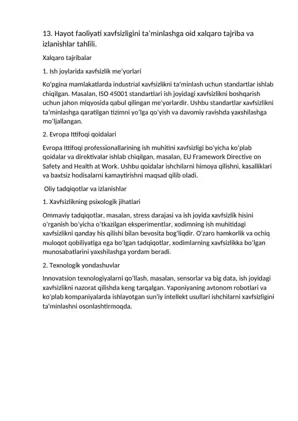 Hayot faoliyati xavfsizligini ta’minlashga oid xalqaro tajriba va izlanishlar tahlili