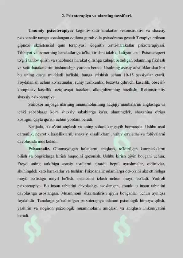 Bemorlarga psixoterapevtik ta'sir qilish usullari. Referat 6 bet 3