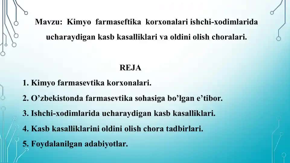 7. Kimyo  farmaseftika  korxonalari ishchi-xodimlarida uchraydigan kasb kasalliklari va oldini olish choralari. Taqdimot 14 bet.