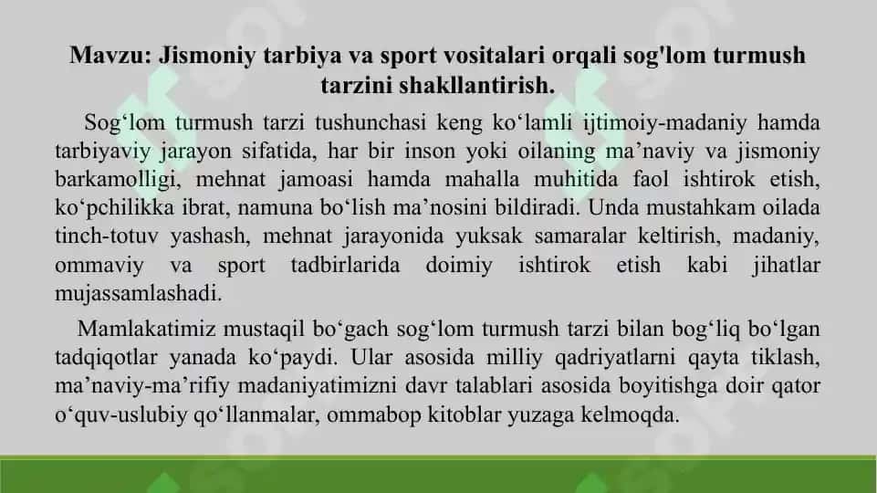 1. Jismoniy tarbiya va sport vositalari orqali sog'lom turmush tarzini shakllantirish. Taqdimot, 11 bet. 2