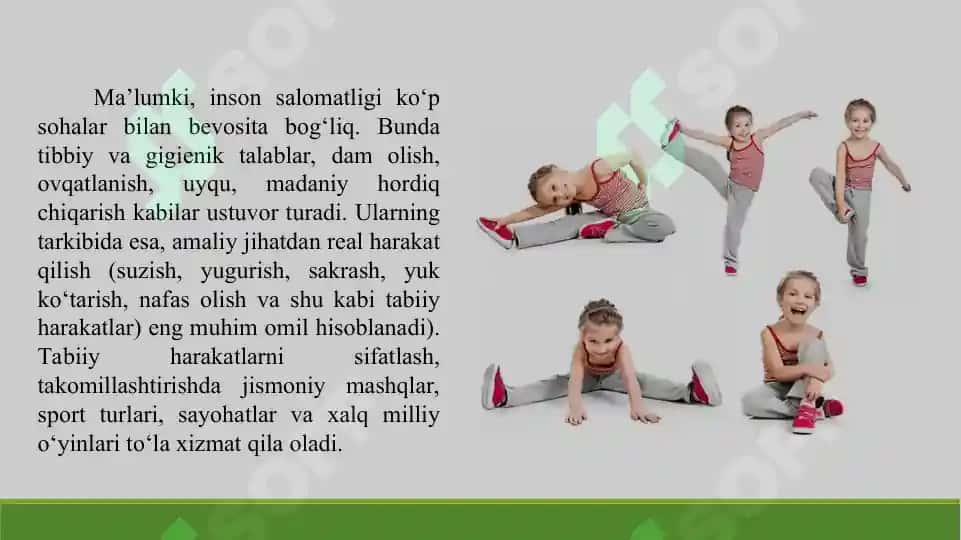 1. Jismoniy tarbiya va sport vositalari orqali sog'lom turmush tarzini shakllantirish. Taqdimot, 11 bet. 3