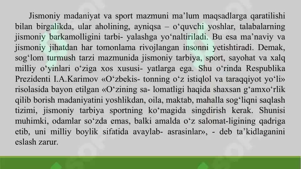 1. Jismoniy tarbiya va sport vositalari orqali sog'lom turmush tarzini shakllantirish. Taqdimot, 11 bet. 4