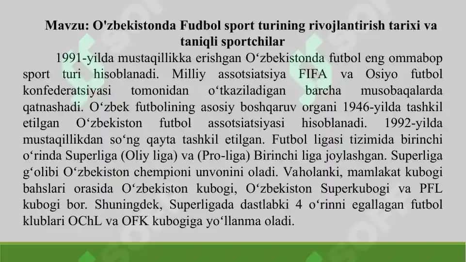 6. O'zbekistonda Fudbol sport turining rivojlantirish tarixi va taniqli sportchilar. Taqdimot, 11 bet 2