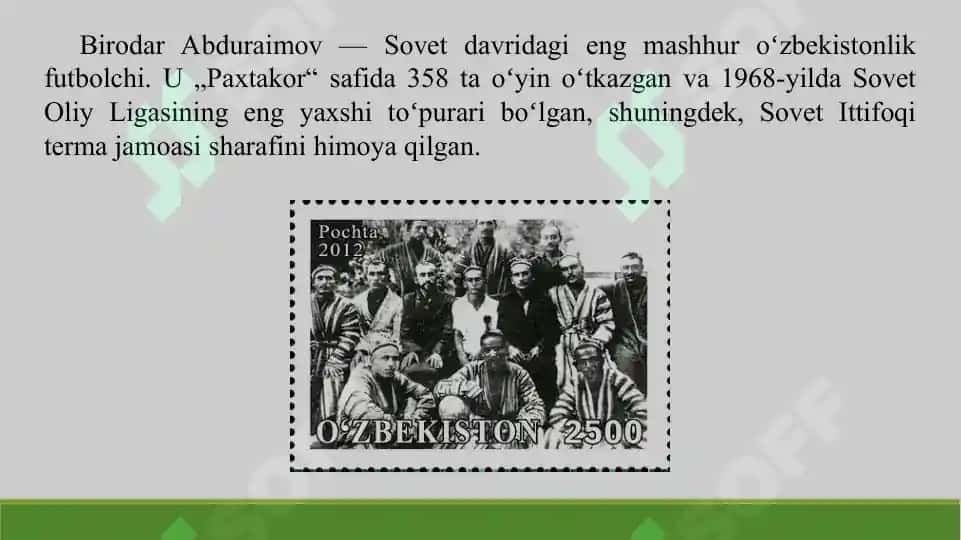 6. O'zbekistonda Fudbol sport turining rivojlantirish tarixi va taniqli sportchilar. Taqdimot, 11 bet 4