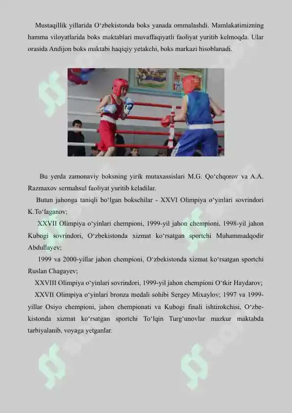 10. O'zbekistonda Boks sport turining rivojlantirish tarixi va taniqli sportchilar. Referat 6 bet. 2
