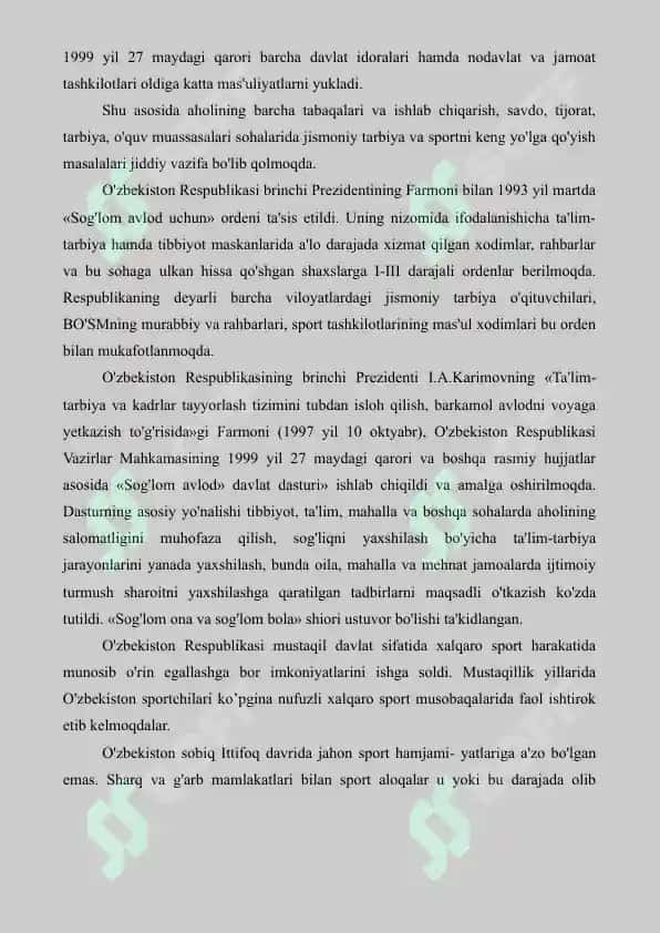 11. Mustaqillik yillaridagi sport sohasida erishilgan yutuqlar. Referat 4 bet. 2