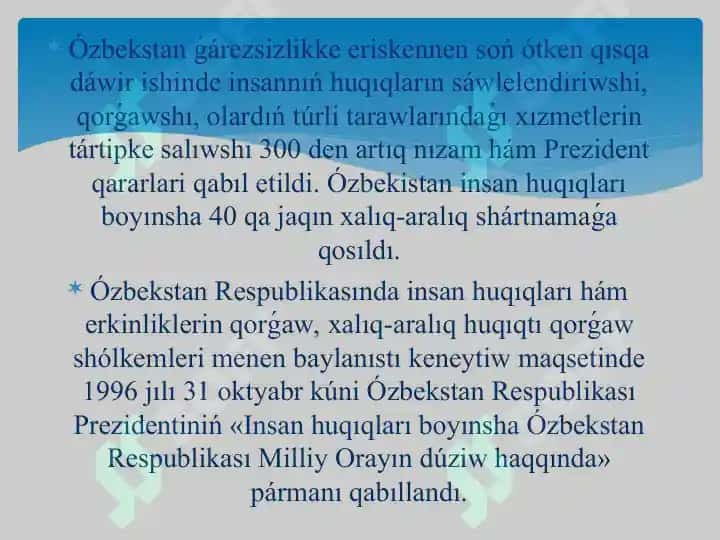 Ózbekstanda demokratiyalıq, puxaralıq jámiyet tiykarlarınıń qáliplesiwi, ámelge asırılǵan siyasiy reformalar 8