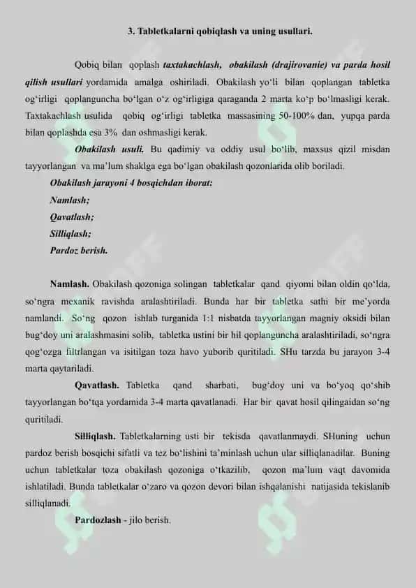 8. Qobiqli tabletkalar nomenklaturasi va qobiq tarkiblari. Referat 9 bet. 4
