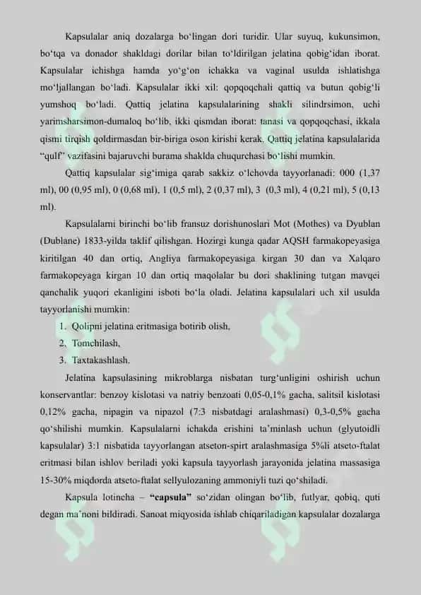 10. Kapsulalar nomenklaturasi va tarkiblari. Referat 12 bet. 2