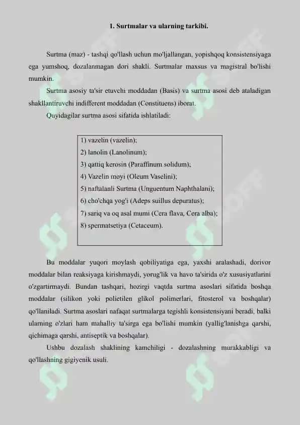 11. Surtmalar nomenklaturasi va tarkiblari. Referat 7 bet. 2