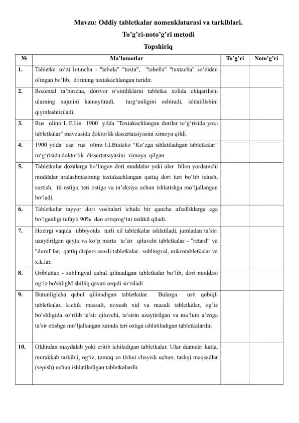 6.2. Oddiy tabletkalar nomenklaturasi va tarkiblari. To'gri-noto'g'ri metodi, 10 ta savol javoblari bilan.