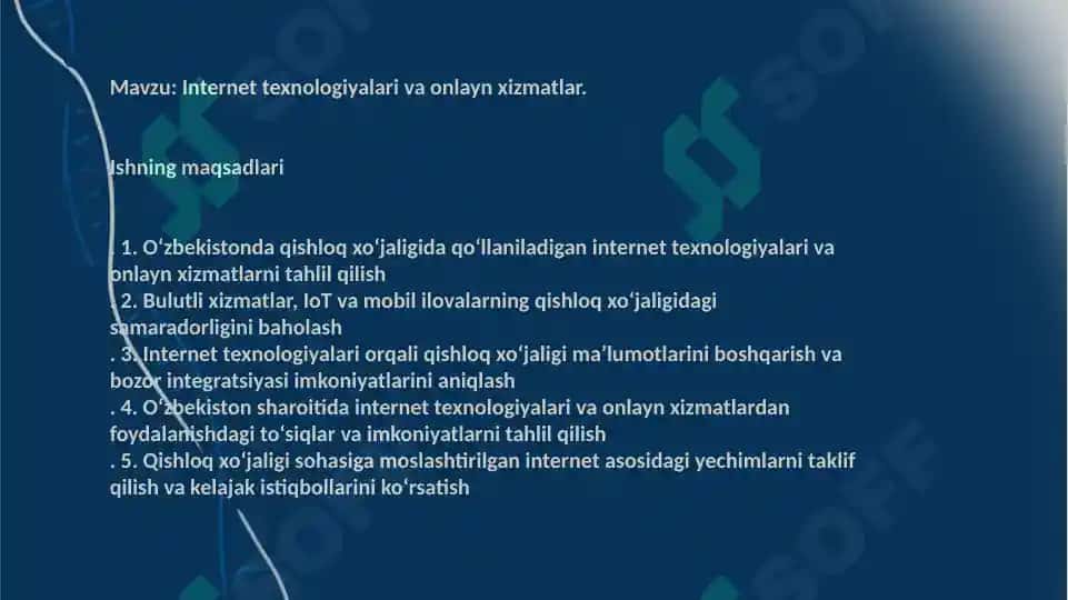 O‘ZBEKISTON RESPUBLIKASI OLIY TA’LIM FAN VA INNOVATSIYALAR VAZIRLIGI QISHLOQ XO’JALIGIDA AXBOROT-KOMMUNIKATSION TEXNALOGIYALARI FANIDAN MUSTAQIL ISH 2