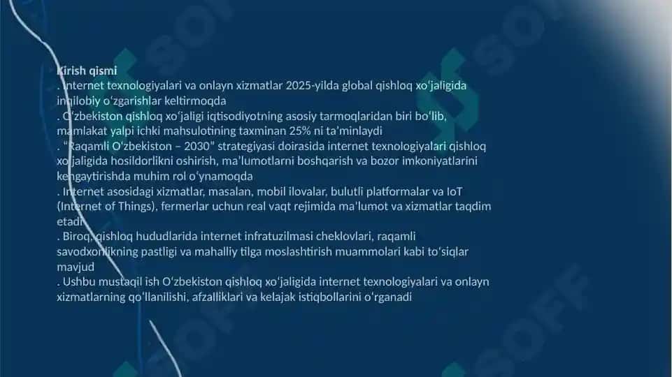 O‘ZBEKISTON RESPUBLIKASI OLIY TA’LIM FAN VA INNOVATSIYALAR VAZIRLIGI QISHLOQ XO’JALIGIDA AXBOROT-KOMMUNIKATSION TEXNALOGIYALARI FANIDAN MUSTAQIL ISH 3