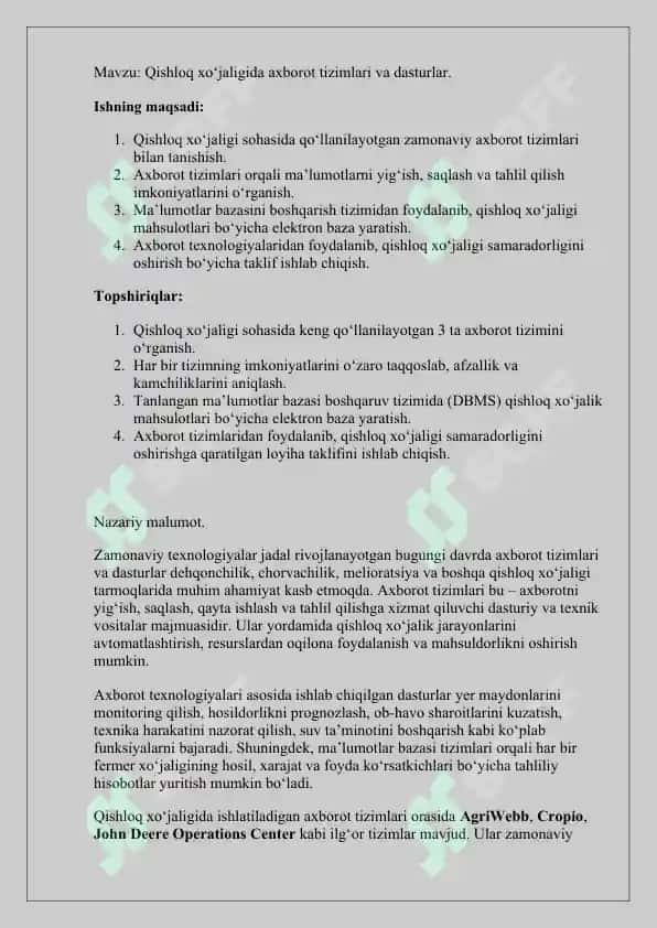 Mavzu: Qishloq xo‘jaligida axborot tizimlari va dasturlar. 2