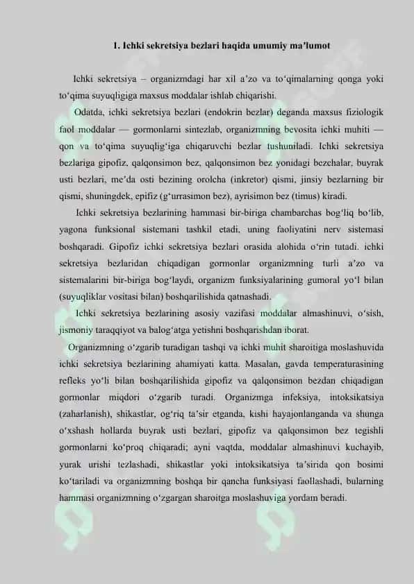 10. Ichki sekretsiya bezlarining tekshirish usullari. Referat 10 bet. 2