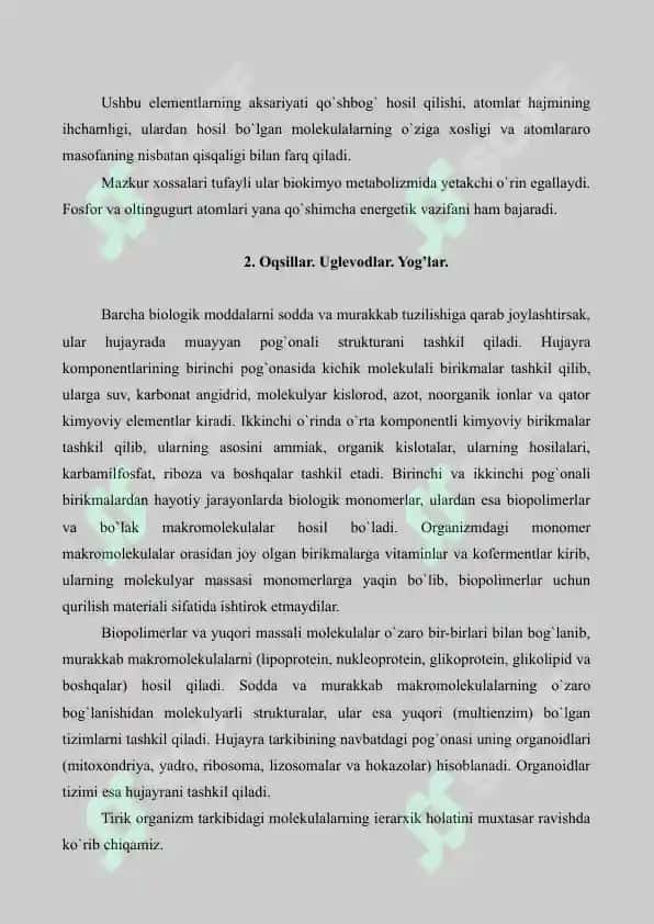 2. Hujayraning fizik-kimyoviy tarkibi. Oqsillar. Uglevodlar. Yoglar. Referat 10 bet. 3