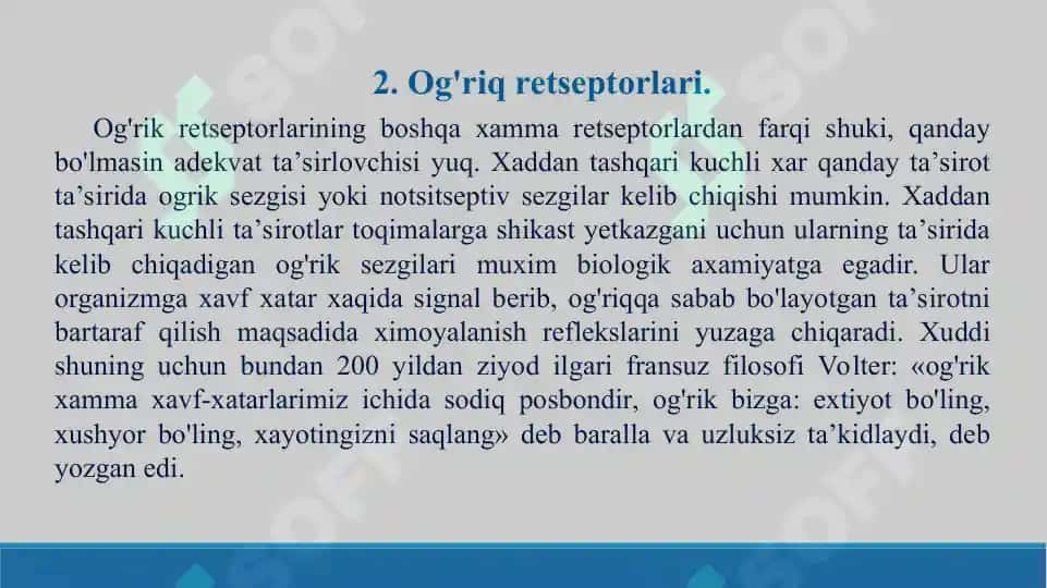 14. Og'riq retseptorlari. Visseroretseptorlar. Proprioretseptorlar. Taqdimot, 17 bet 7