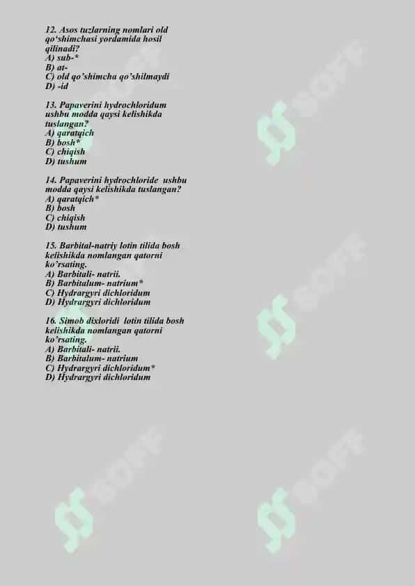 6. Tuzlar nomi. Asos tuzlarning nomi. Kislorodsiz kislotalarning organik asoslar bilan hosil qilgan tuzlarining nomi. Natriy va kaliy tuzlarning nomi. Yunoncha old qo‘shimcha. Test 16 ta. 2