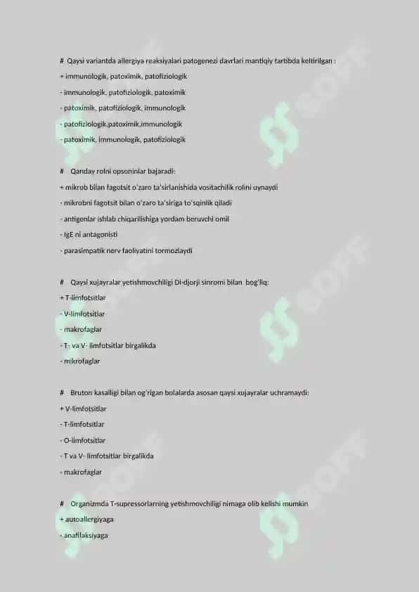 Patofiziologiya fanidan yakuniy test savollari javobi bilan 6