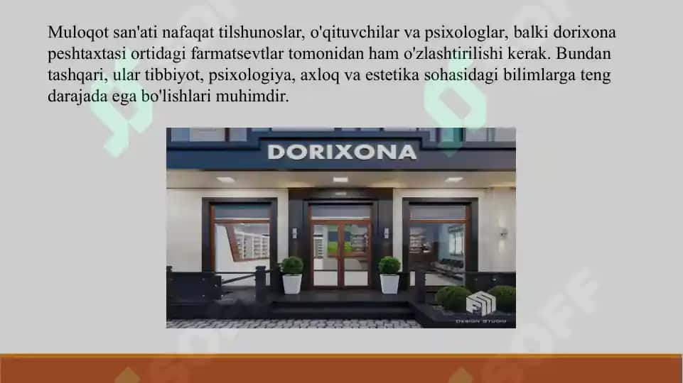 12. Farmatsevt xodimlarning dorixona xaridorlari bilan munosabatlari. Taqdimot 9 bet. Yuzakiroq yoritilgan. 3
