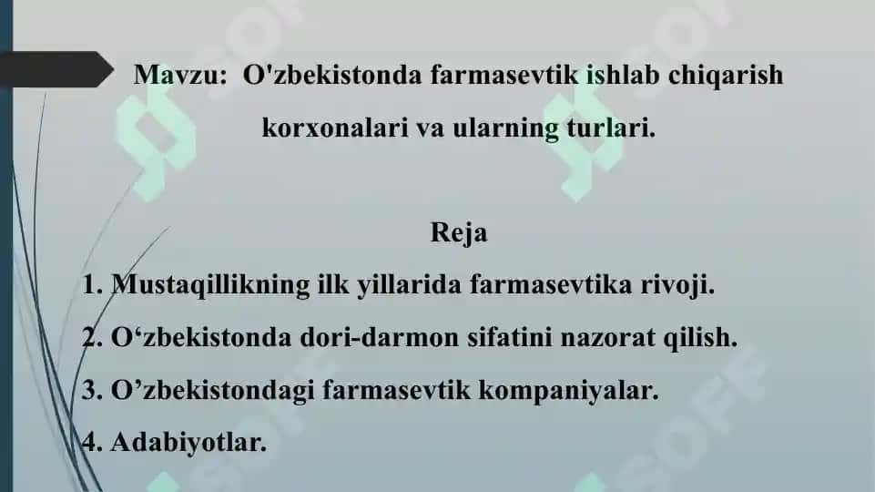 12. O'zbekistonda farmasevtik ishlab chiqarish korxonalari va ularning turlari. Taqdimot 12 bet. 2