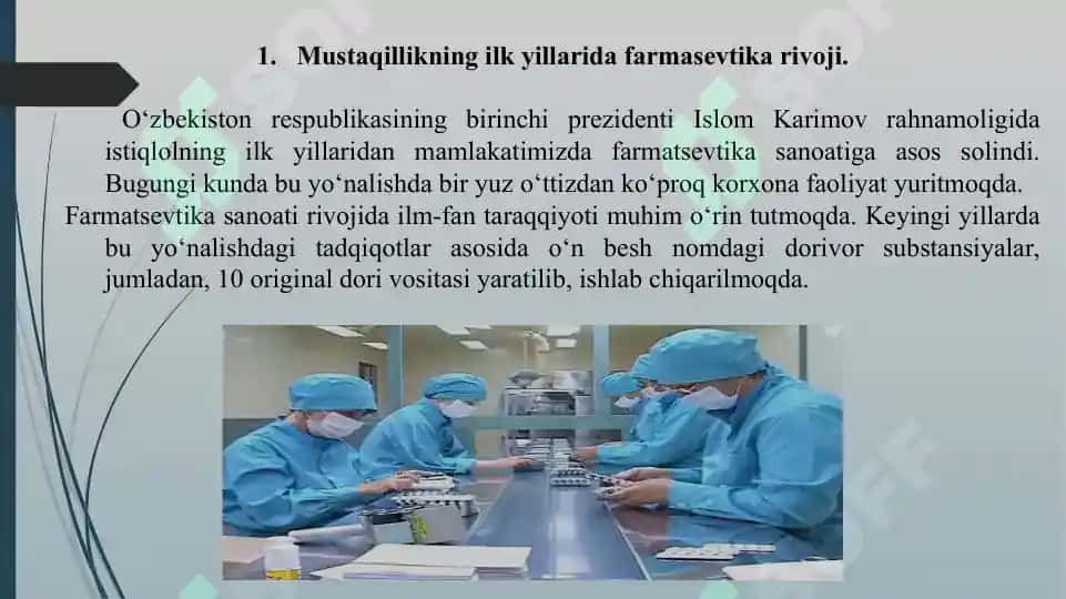 12. O'zbekistonda farmasevtik ishlab chiqarish korxonalari va ularning turlari. Taqdimot 12 bet. 3