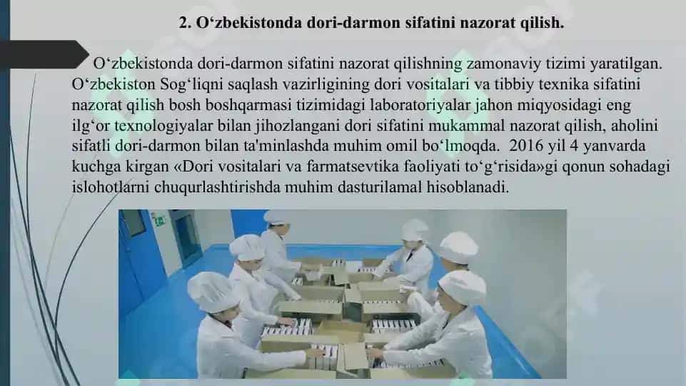 12. O'zbekistonda farmasevtik ishlab chiqarish korxonalari va ularning turlari. Taqdimot 12 bet. 4