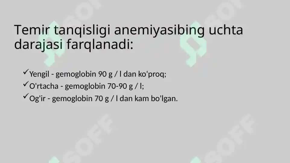 Temir tanqislik anemiyasini 1 va 2 og’irlik darajalarini davolash va profilaktika prinsiplari 5
