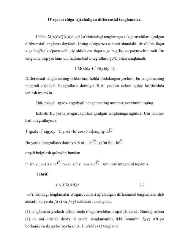 O’zgaruvchilari ajralgan va ajraladigan differensial tenglamalar 1
