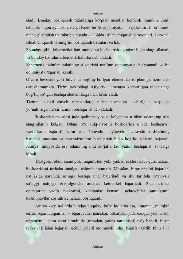 Model va modellashtirish asoslari. Boshqarish nazariyasi elementlari. Optimal boshqarish 3