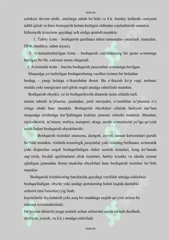 Model va modellashtirish asoslari. Boshqarish nazariyasi elementlari. Optimal boshqarish 4