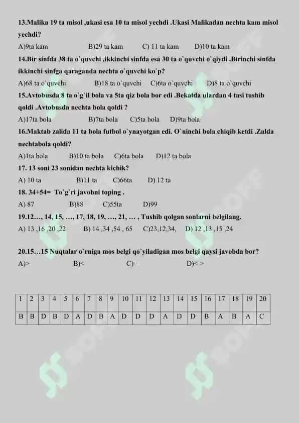 2-sinf matematika fanidan test, javoblari bilan 2