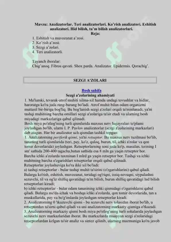 Analizatorlar. Teri analizatorlari. Ko’rish analizatori. Eshitish analizatori. Hid bilish, ta’m bilish analizatorlari 3