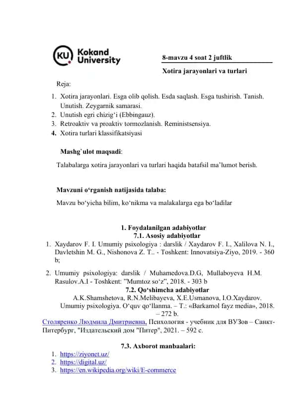 Xotira jarayonlari va turlari (8-mavzu maruza matni)