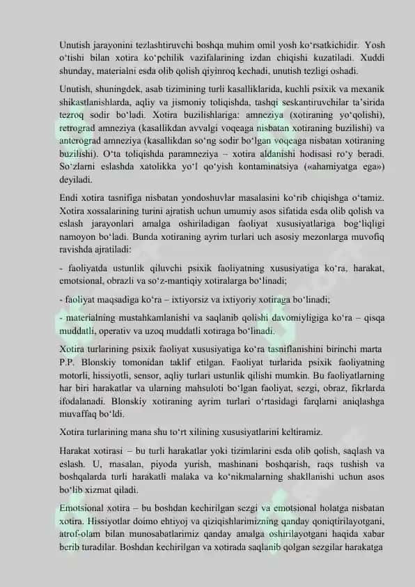 Xotira jarayonlari va turlari (8-mavzu maruza matni) 8