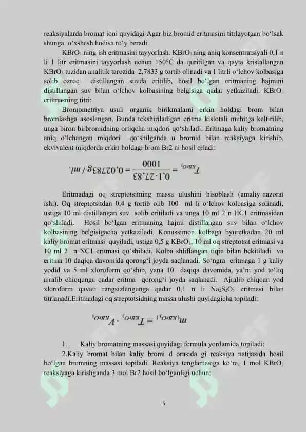 Bromatometriya,xloryodometriya,nitriometriya usullarini qo’llanishi. 5