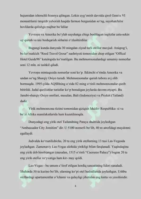 Turizmda rivojlantirishda joylashtirish vositalarining tutgan o’rni 6