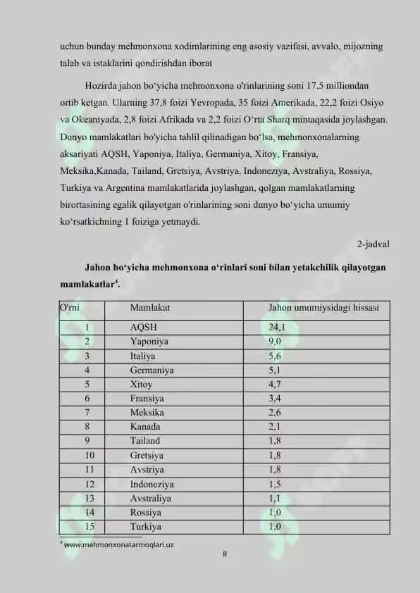 Turizmda rivojlantirishda joylashtirish vositalarining tutgan o’rni 8